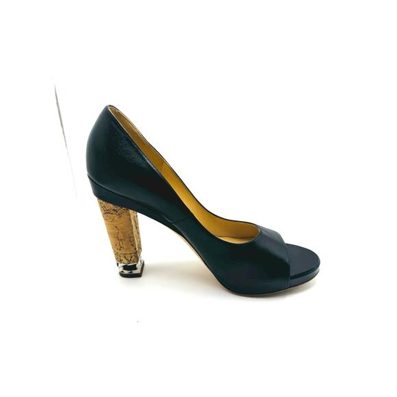 Chanel Black Leather CC Logo Silver Chain Peep Toe Cork Heel Pumps Shoes sz 39.5 - Picture 12 of 14